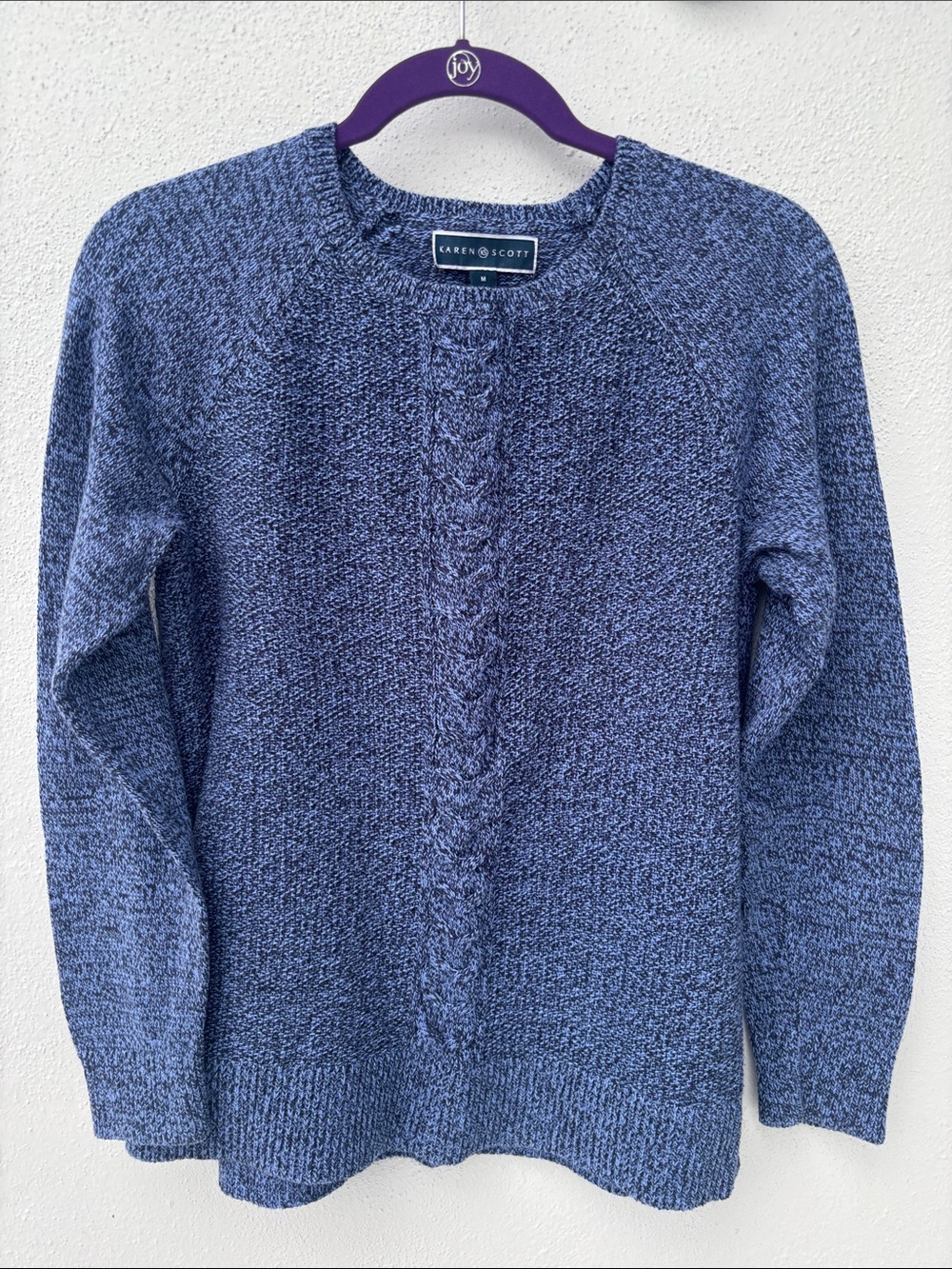Karen Scott Heathered Navy Cable-Front Crewneck Sweater